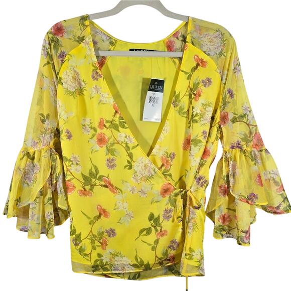 MS Lauren Ralph Lauren Yellow Floral Wrap Top Womens Size PS Petite Small NWT - Picture 1 of 11